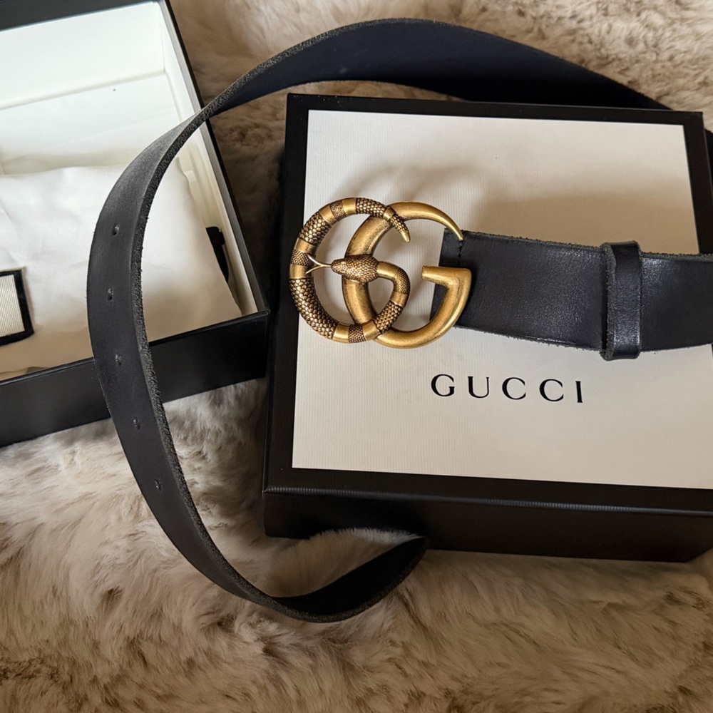 Gucci Black Leather Belt with Gold Serpent Double-Ring Buckle